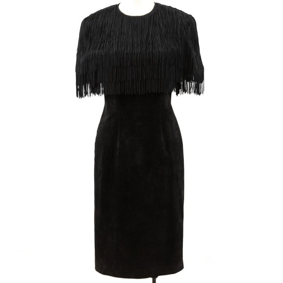 Vintage S/M Fringe Suede Leather Dress Black Midi - Picture 5 of 12